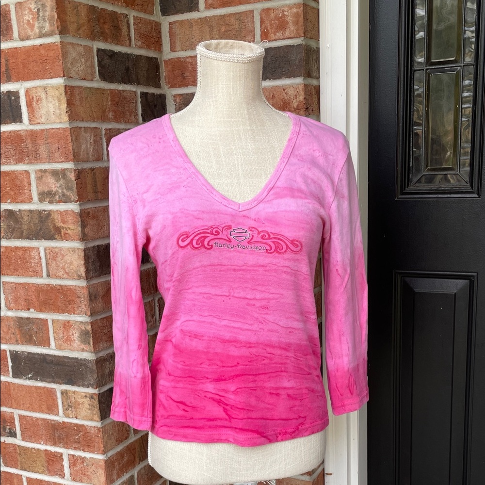 Vintage‎ Harley-Davidson Pink Ombre Long Sleeve Knit V-neck Tee
